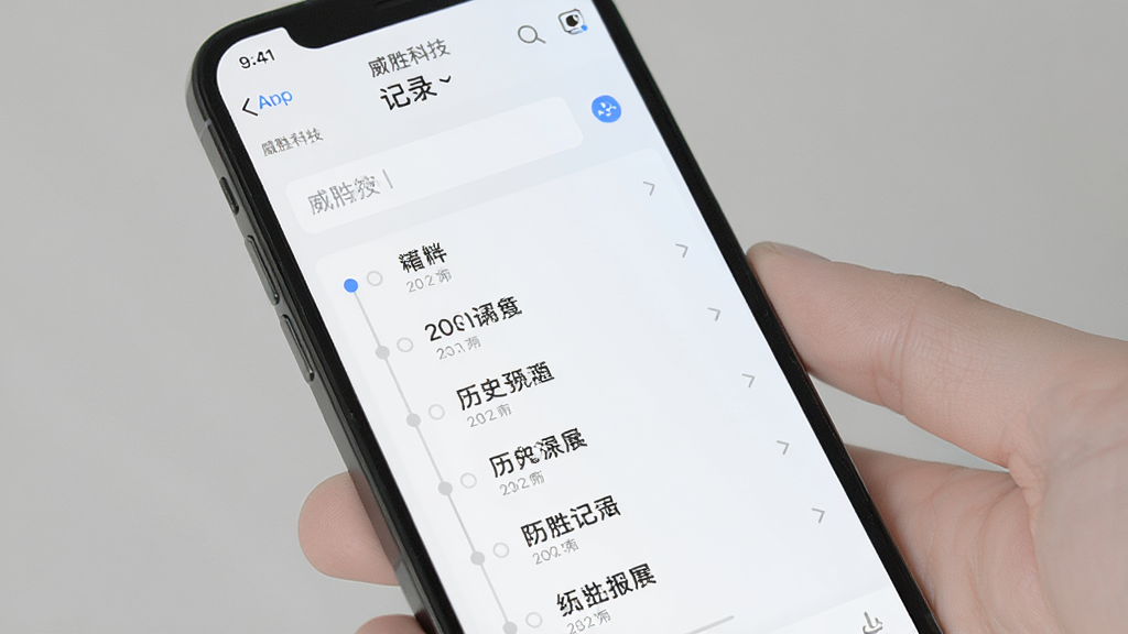 威胜科技极简记录功能界面展示,画面主体为手机屏幕特写,屏幕内显示威胜科技App的记录页面,上方是输入框,下方是时间线排列的历史记录列表,界面以浅色背景为主,文字清晰,布局整齐,风格简约现代,画质干净无多余元素