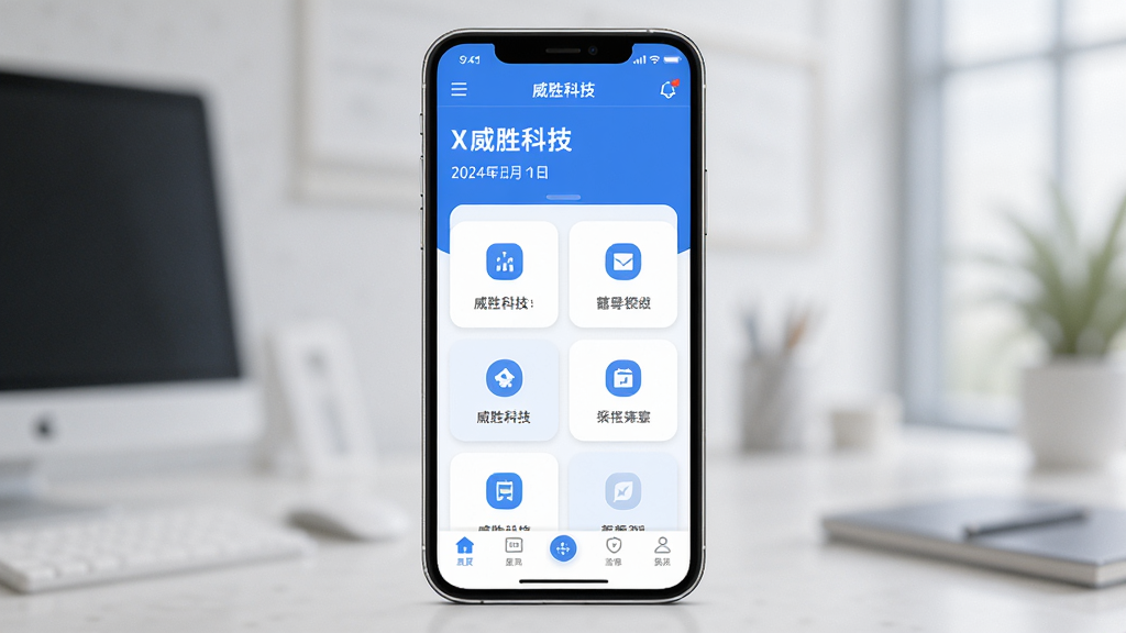 威胜科技应用主界面全貌展示,画面中央是手机屏幕,屏幕内显示威胜科技App的首页,顶部有欢迎语和日期,中间排列着功能卡片图标,底部是导航栏,整体以蓝白色调为主,风格简洁现代扁平,细节圆润,画质干净清晰,无多余元素