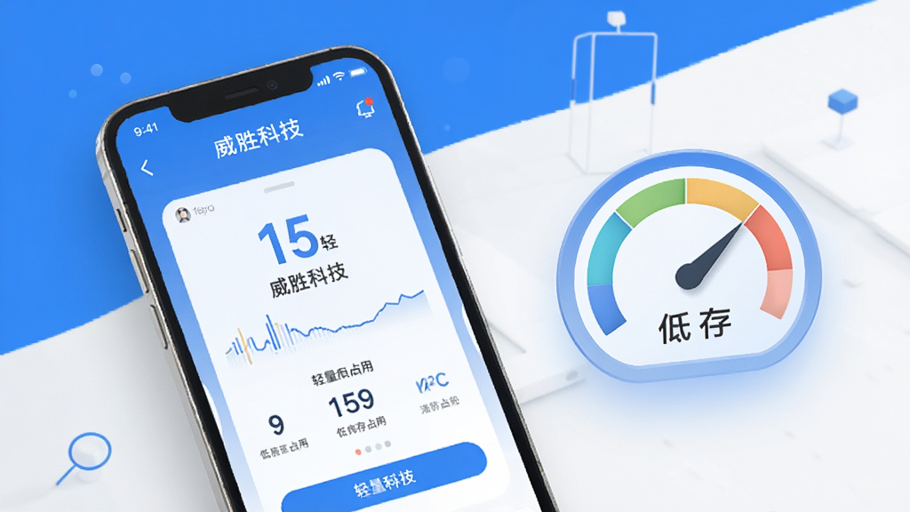 威胜科技轻量运行概念图,画面中一部手机屏幕显示威胜科技App运行流畅,旁边有象征低内存占用的仪表盘图标,背景简洁,蓝白配色,风格科技感扁平化,细节清晰,画质干净无多余元素