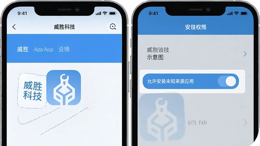 威胜科技安装权限设置示意图,画面展示手机屏幕内的设置页面,高亮显示“允许安装未知来源应用”的开关按钮,旁边有威胜科技App图标,风格扁平化,蓝白色调,布局清晰,画质干净无多余元素