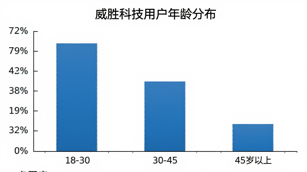 威胜科技用户年龄分布柱状图,画面中显示一个柱状图表,横轴为年龄段18-30、30-45、45岁以上,纵轴为用户占比百分比,柱体为蓝色,背景白色,图表标题为“威胜科技用户年龄分布”,风格简洁商务,画质干净无多余元素