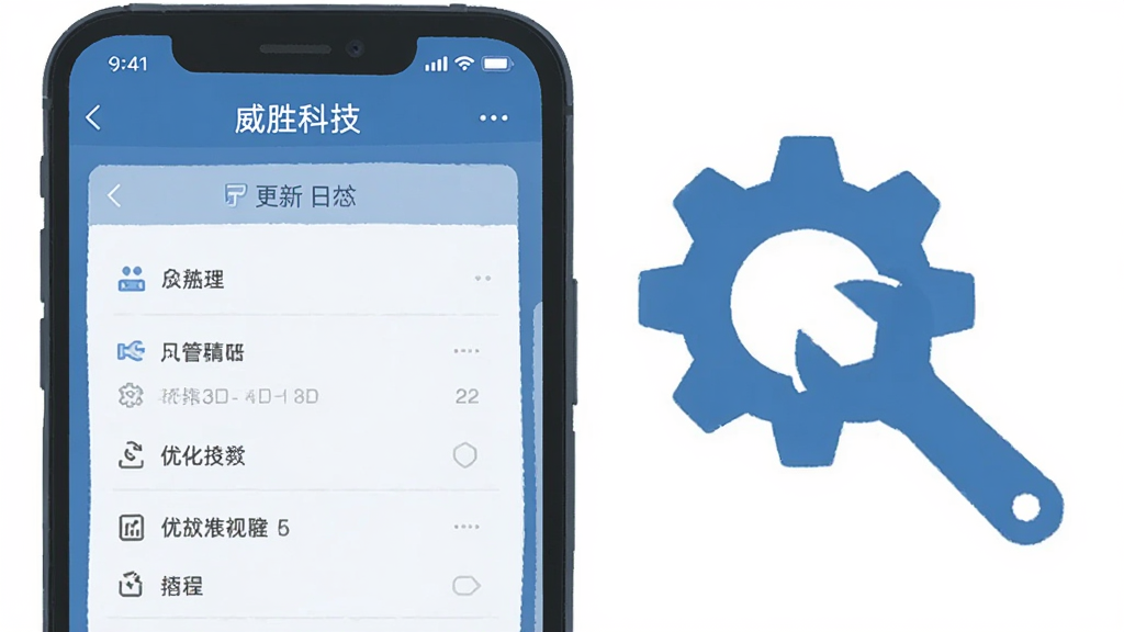 威胜科技更新优化示意图,画面展示手机屏幕内威胜科技App的更新日志页面,旁边有齿轮和扳手图标象征优化维护,整体风格扁平化,蓝灰色调,布局清晰,画质干净无多余元素