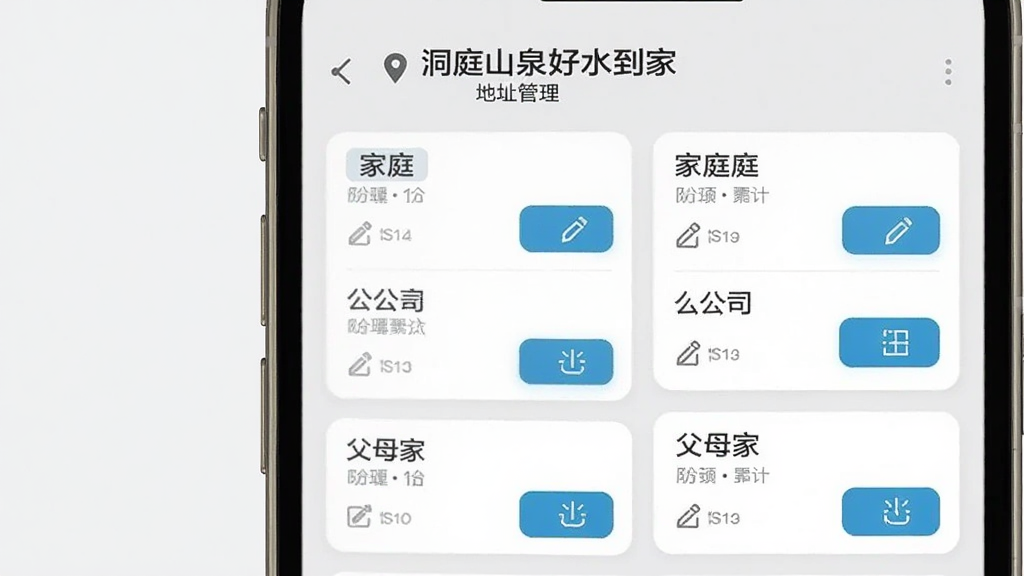 手机屏幕展示“洞庭山泉好水到家”的地址管理界面,页面上有多个地址卡片,每个卡片标注了家庭、公司、父母家等标签,卡片上有编辑和选择按钮,背景为浅灰色,风格干净利落,画质清晰,无多余装饰
