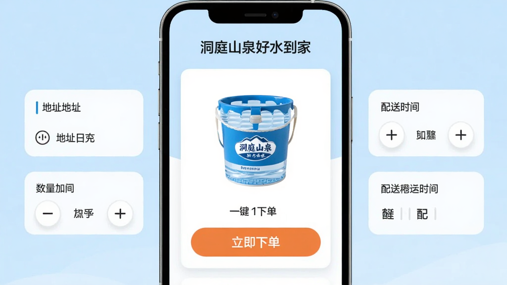 手机界面展示“洞庭山泉好水到家”的一键下单页面,画面中央是桶装水商品卡片和醒目的“立即下单”按钮,周围环绕地址选择、数量加减、配送时间等简洁控件,背景为淡蓝色渐变,风格清爽扁平,画质干净无杂乱元素