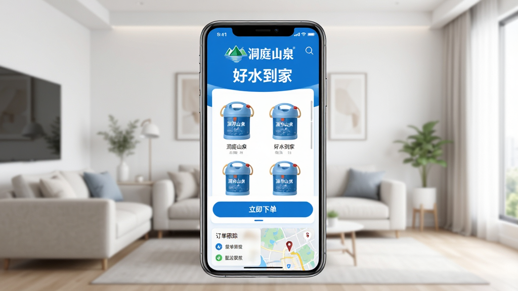 手机屏幕正中央展示“洞庭山泉好水到家”应用界面,界面主体为蓝白配色,上方显示洞庭山泉品牌logo和“好水到家”字样,中间是桶装水产品列表和立即下单按钮,下方有订单跟踪和配送地图小窗口,背景是干净的家居客厅环境,风格现代简约,画质清晰明亮,无多余元素