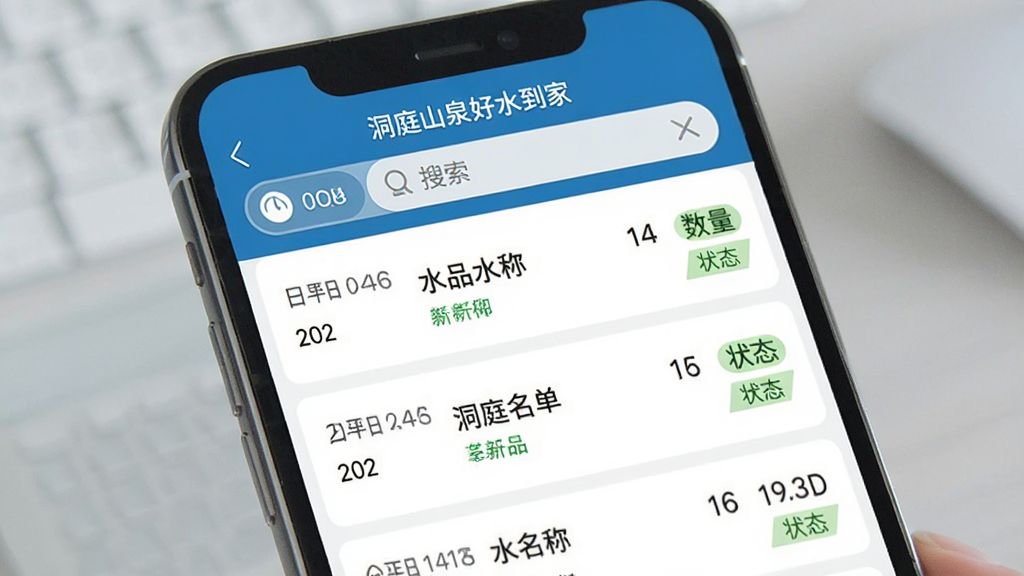 手机界面展示“洞庭山泉好水到家”的订单记录页面,列表清晰排列着历史订单条目,每条包含日期、水品名称、数量和状态标签,顶部有筛选和搜索栏,整体布局规整,风格简洁商务,画质干净,无多余元素