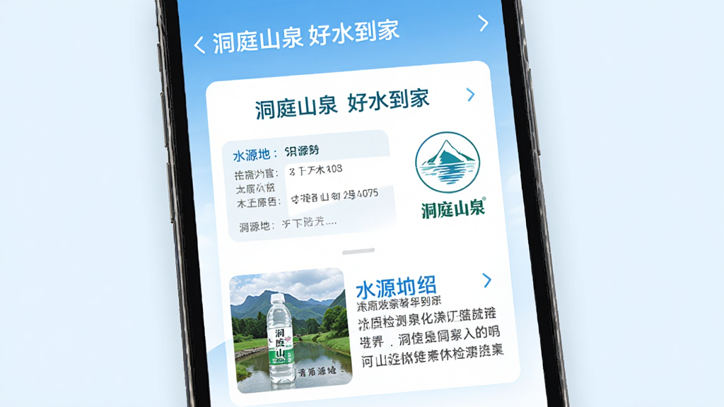 手机界面展示“洞庭山泉好水到家”的水质信息页面,画面中央是水质检测报告卡片和水源地介绍图文,配有洞庭山泉品牌标识,背景为淡蓝色,风格专业可信,画质清晰,无多余元素