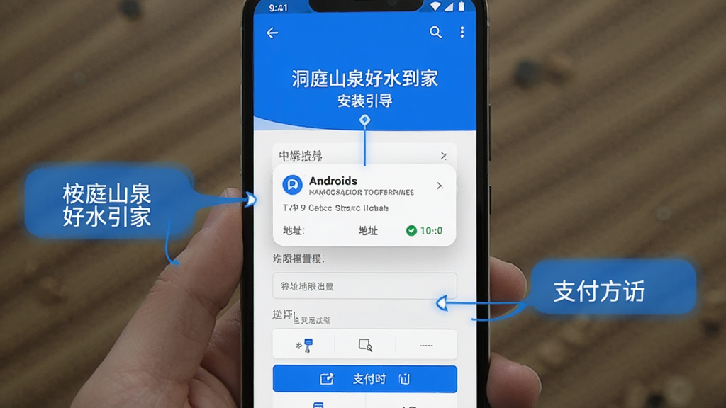 手机屏幕展示“洞庭山泉好水到家”的安装引导和权限设置界面,画面中有安卓系统的权限弹窗、地址填写表单和支付方式选择区域,整体风格为教程示意图,蓝白配色,画质清晰,无多余元素
