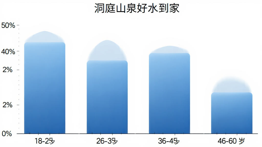 柱状图展示“洞庭山泉好水到家”用户年龄分布,横轴为18-25岁、26-35岁、36-45岁、46-60岁四个年龄段,纵轴为用户占比百分比,柱体为蓝色渐变,图表背景干净白色,风格简洁数据可视化,画质清晰,无多余元素