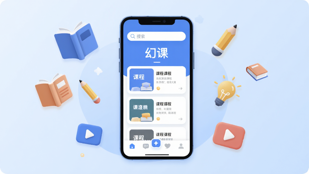 ��������һ�������ֻ���Ļ������Ļ����ʾ�š��ÿΡ�APP�ļ�������棬������������ɫΪ�����������������м��ǿγ̿�Ƭ�б����ײ��й��ܵ��������ֻ���Χ������Ư�����鱾��Ǧ�ʡ����ݺͲ��Ű�ťͼ�꣬��������͵�ǳ��ɫ���䣬����ִ���ƽ����ϸ��Բ�󣬻��ʸɾ��޶���Ԫ��