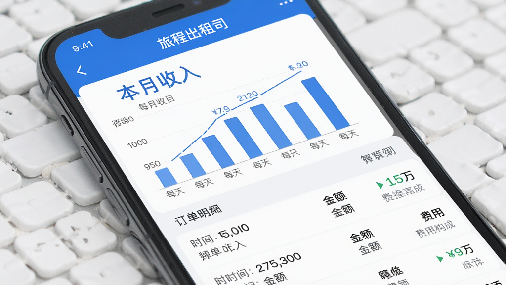手机屏幕显示“旅程出租司机”的账单统计页面,顶部有“本月收入”大字,下面是一个柱状图显示每天收入,再下面是订单明细列表,每笔订单显示时间、金额和费用构成,界面是蓝色和白色为主,风格现代,画质干净