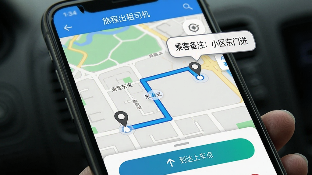 手机屏幕显示“旅程出租司机”导航界面,地图上一条蓝色路线从司机位置延伸到乘客上车点,路线旁边有一个气泡提示“乘客备注:小区东门进”,底部有“到达上车点”按钮,界面简洁,画质清晰,无杂乱元素