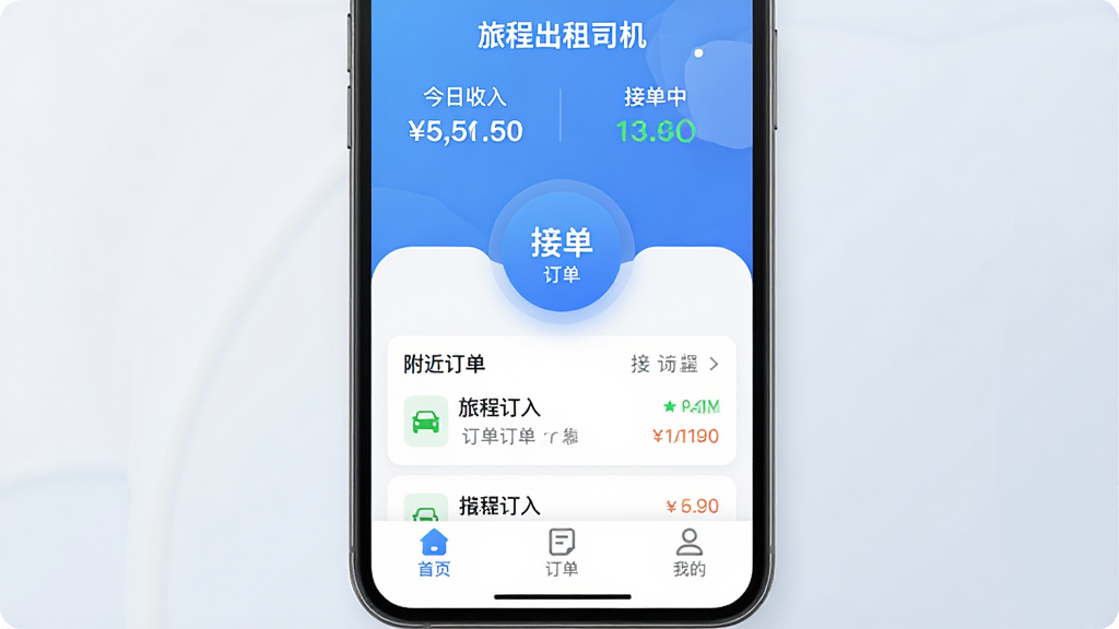 手机屏幕显示“旅程出租司机”应用主界面,蓝色渐变背景,顶部显示“今日收入”和“接单中”状态,中间是醒目的圆形接单按钮和附近订单列表,底部有“首页”“订单”“我的”三个图标,风格简洁现代,细节圆润,画质清晰,无多余元素