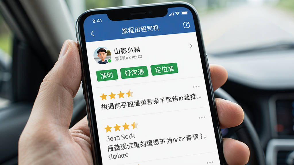 手机屏幕显示“旅程出租司机”的乘客评价页面,顶部是乘客头像和昵称,下面有“准时”“好沟通”“定位准”三个绿色标签,再下面是历史评价列表,每条评价有星级和文字,界面清爽,画质清晰