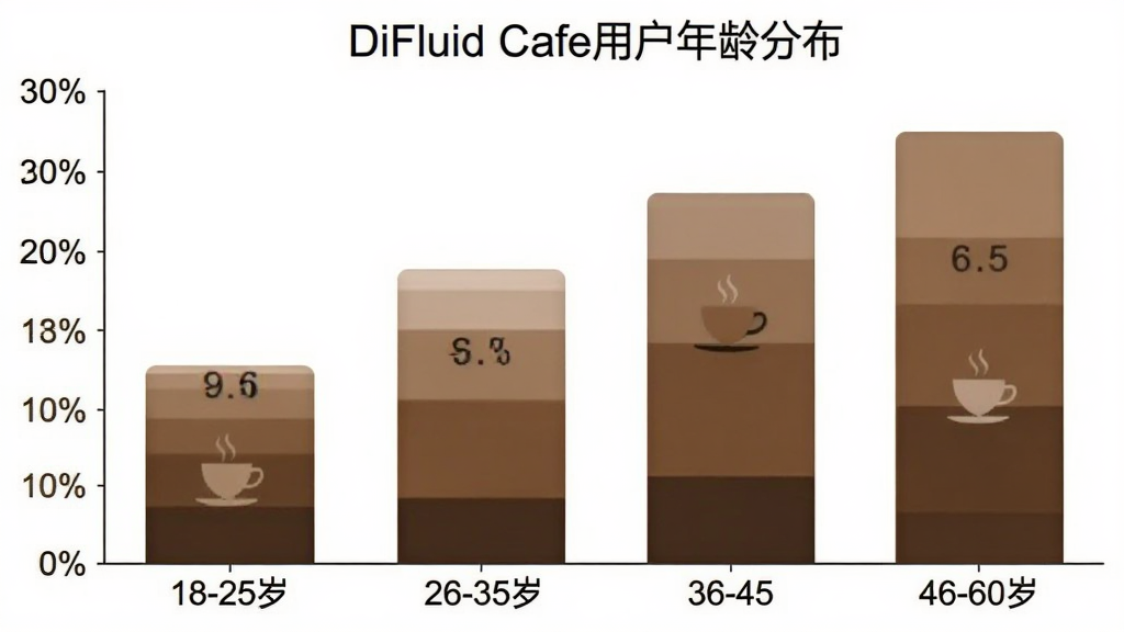 һ����״ͼչʾDiFluid Cafe�û�����ֲ�������Ϊ�����18-25�ꡢ26-35�ꡢ36-45�ꡢ46-60�꣬����Ϊ�û�ռ�Ȱٷֱȣ�������ɫΪ����ɫϵ���䣬ͼ������Ϊ��DiFluid Cafe�û�����ֲ����������ɾ���ɫ�������������޶���Ԫ�ء�