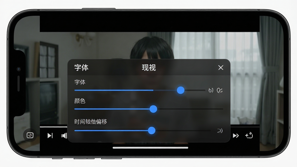 一张展示“现视”播放器字幕设置界面的图片,主体是手机横屏播放视频的画面,屏幕下方弹出半透明的字幕设置面板,面板上有字体大小、颜色、时间轴偏移三个调节滑块,布局采用悬浮式卡片设计,风格为深色模式下的极简UI,细节上滑块带有蓝色高光,画质要求清晰、无噪点、无多余元素。