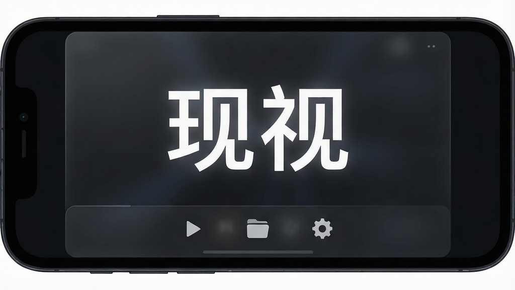 一张展示“现视”播放器主界面的图片,主体是一个极简风格的深色手机屏幕,屏幕中央显示“现视”两个白色发光大字,下方有播放、文件夹、设置三个简洁图标,布局采用居中对称排版,风格为现代科技感扁平化设计,细节上带有轻微的磨砂玻璃质感,画质要求高清、干净、无多余元素。