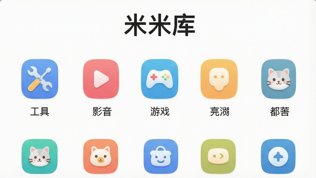 一张展示米米库应用分类界面的图片,画面中“米米库”名称位于顶部,下方是整齐排列的分类图标和标签,如“工具”、“影音”、“游戏”等,每个分类下有小图标展示,布局简洁有序,风格现代扁平,细节圆润,画质干净无多余元素