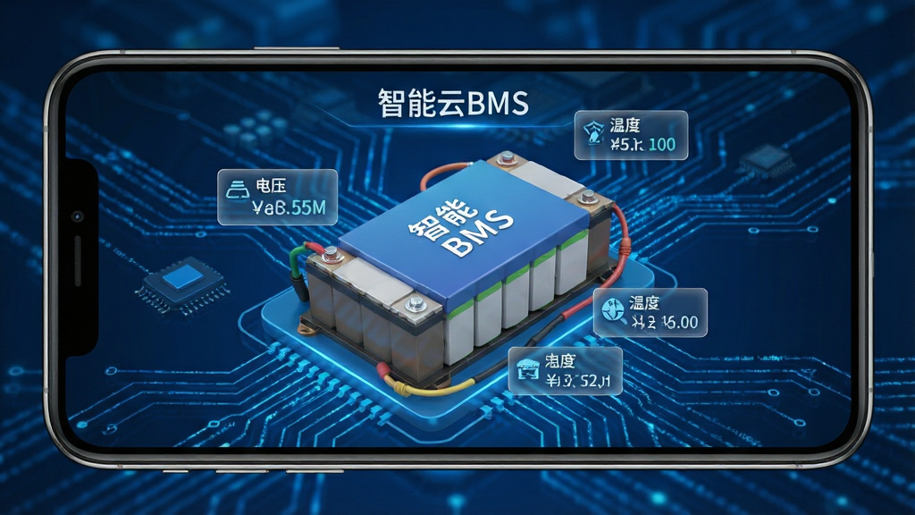 一张展示智能云BMS实时监控界面的图片,手机屏幕横置,画面中央是一块锂电池组的三维透视图,旁边悬浮着电压、电流、温度的数据标签,背景是科技感十足的蓝色数据流线条,风格简洁现代,画质干净,文字清晰显示“智能云BMS”