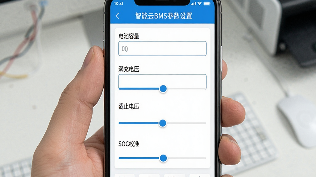 一张展示智能云BMS参数设置界面的图片,手机屏幕竖向显示,画面中有多个输入框和滑块,分别标注“电池容量”“满充电压”“截止电压”“SOC校准”等字样,界面以白色和蓝色为主,布局整齐,风格简洁易用,画质清晰,无杂乱元素
