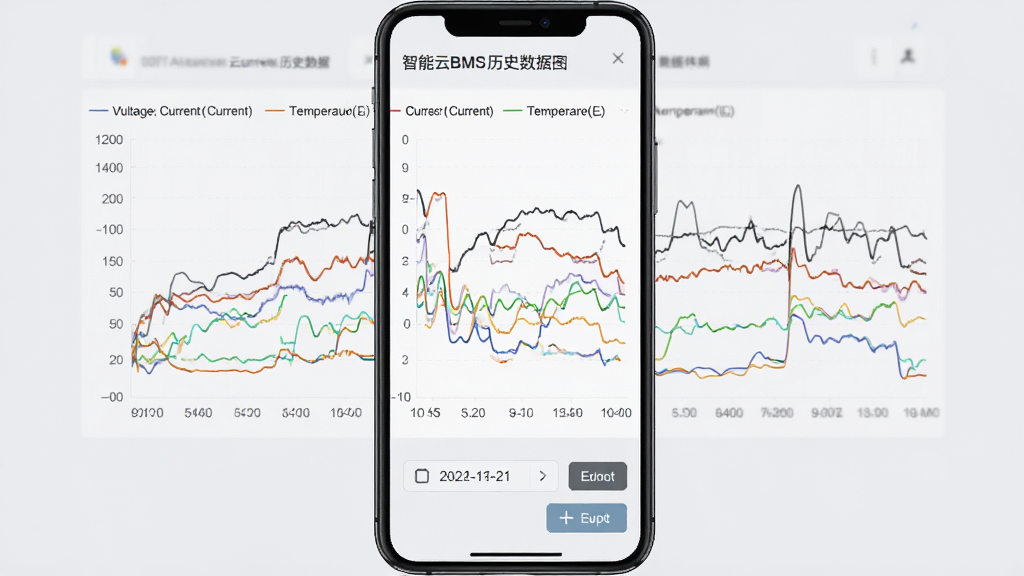 一张展示智能云BMS历史数据图表的图片,手机屏幕竖向显示,画面中是多条不同颜色的曲线图,分别代表电压、电流和温度随时间变化的趋势,图表下方有日期选择器和导出按钮,背景为浅灰色,风格专业、数据可视化清晰,画质干净,无多余元素