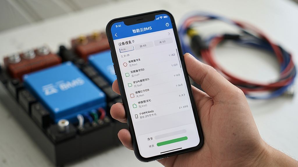 一张展示智能云BMS手机端操作界面的图片,画面中一只手拿着手机,屏幕上显示设备搜索列表和连接状态,背景是模糊的电池组和线缆,风格生活化、真实自然,画质清晰,无多余元素