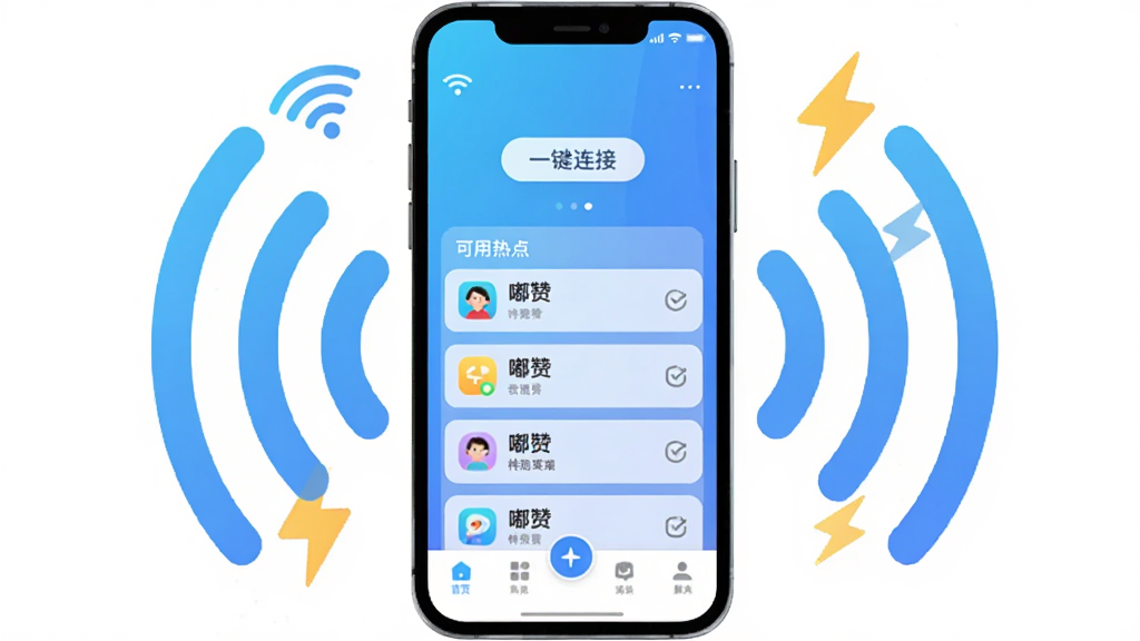 ����������һ�������ֻ�����Ļ��ʾ����ޡ�App�����棬��ɫ���䱳����������WiFi�ź�ͼ��͡�һ�����ӡ���ť���м��ǿ����ȵ��б����ײ���������������Χ����WiFi�źŲ��ƺ���������ͼ�꣬��ƽ����Ʒ��ϸ��Բ�󣬻��ʸɾ��޶���Ԫ��