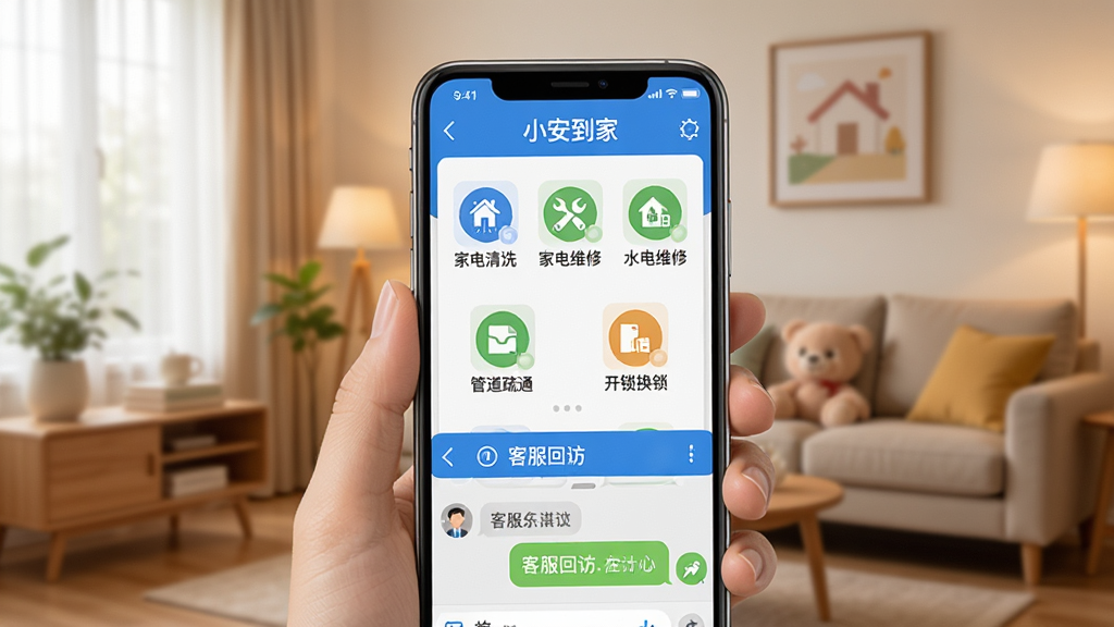 手机屏幕展示“小安到家”APP的服务分类列表,包含家电清洗、水电维修、管道疏通、开锁换锁等图标,下方有客服回访聊天界面,背景是温馨的家庭场景,风格生活化,画质干净,无多余元素