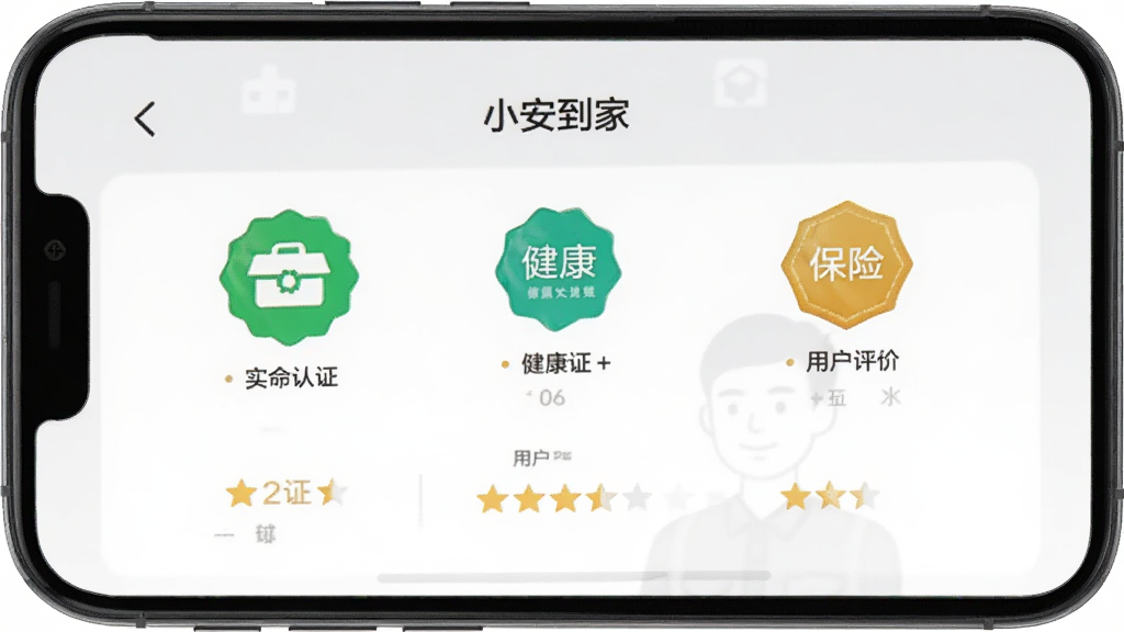 手机界面展示“小安到家”APP的师傅个人主页,包含实名认证标识、健康证、保险标识、用户评价分数,背景是浅灰色,风格正式可信,画质干净,无多余元素
