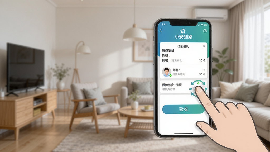 手机屏幕显示“小安到家”APP的订单确认页面,包含服务项目、价格、师傅信息、验收按钮,旁边有手指点击屏幕的示意图,背景是家庭环境,风格写实,画质干净,无多余元素