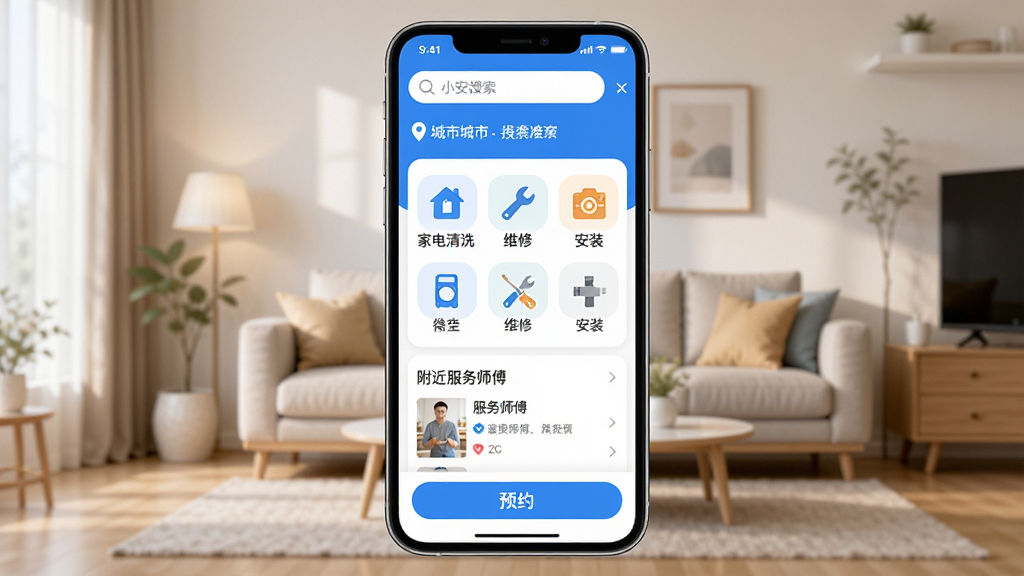 手机屏幕显示“小安到家”APP主界面,整体采用清新的蓝白配色,顶部有搜索框和定位城市,中间展示家电清洗、维修、安装等分类图标,下方是附近服务师傅列表和预约按钮,背景是温馨的家庭客厅场景,风格简洁现代,画质清晰干净,无多余元素