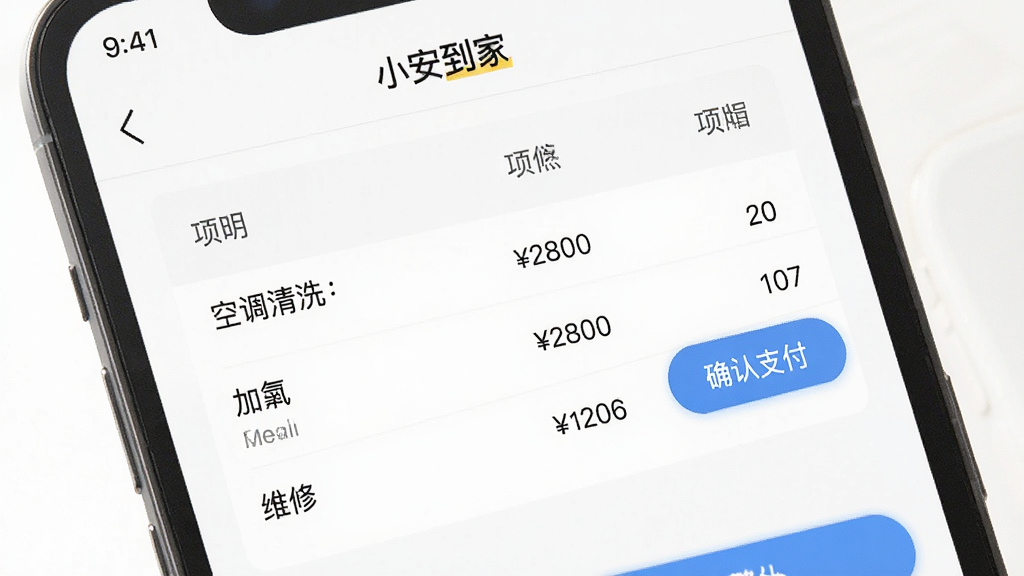 手机屏幕显示“小安到家”APP的价格明细页面,表格中列出空调清洗、加氟、维修等项目的价格,旁边有“确认支付”按钮,背景是简洁的白色,风格商务清新,画质干净,无多余元素
