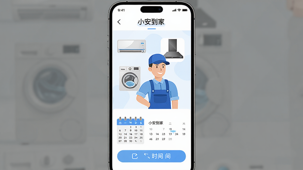 手机界面展示“小安到家”APP的预约服务页面,画面中有一个穿着蓝色工装的师傅形象,旁边有空调、洗衣机、油烟机等家电图标,下方有日历和时间选择按钮,背景是干净的白色和浅蓝色,风格扁平化,画质干净,文字清晰,无多余元素