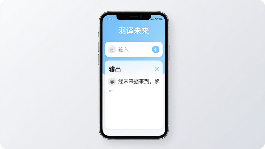 羽译未来 应用主界面全貌展示,手机屏幕居中,屏幕内显示翻译输入框和译文输出区域,顶部有“羽译未来”文字标识,界面以浅蓝和白色为主色调,背景是干净的浅灰色渐变,排版简洁清晰,风格现代扁平化,细节圆润无多余装饰,画质高清干净