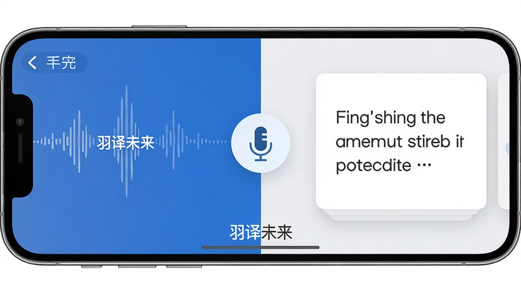 羽译未来 对话同传模式界面,手机横屏显示,屏幕左右分栏,左侧中文语音波纹,右侧英文译文卡片,中间有麦克风图标,界面底部显示“羽译未来”品牌字样,排版对称清晰,风格简约现代,蓝白灰配色,画质干净高清