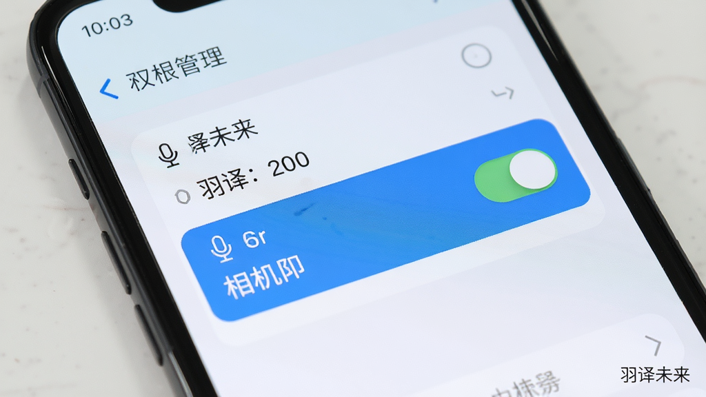 羽译未来 手机权限设置界面示意,画面中手机屏幕显示权限管理页面,麦克风和相机权限开关高亮,界面角落有“羽译未来”小字,背景是浅色系统设置风格,排版清晰,细节干净,画质高清无多余元素