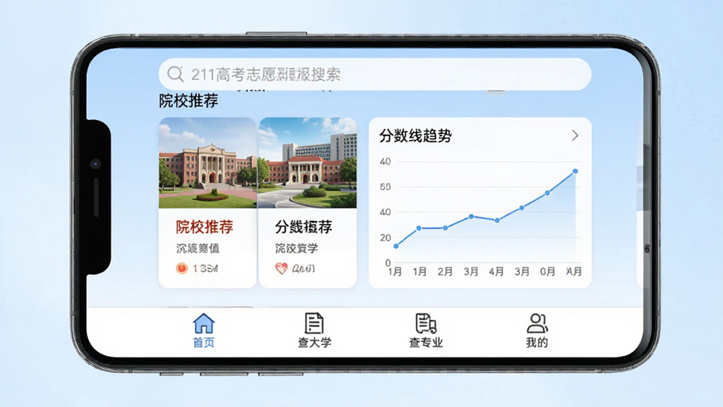 �ֻ���Ļ������ʾ��211�߿�־Ը���APP�����棬�����������м���ԺУ�Ƽ���Ƭ�ͷ���������ͼ���ײ�����������ҳ�����ѧ����רҵ���ҵ��ĸ�ͼ�꣬�����ǵ���ɫ���䣬����ɾ����࣬��ƽ����Ʒ�񣬻����������޶���Ԫ��