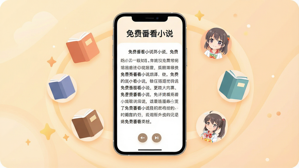 一张展示“免费番看小说”应用核心全貌的宣传图,主体是一个智能手机屏幕,屏幕内显示干净清爽的小说阅读界面,顶部有“免费番看小说”的标题文字,界面中间是整齐的文字排版,底部有简单的翻页按钮,手机周围环绕着漂浮的书籍和动漫元素图标,布局居中,风格现代扁平化,细节圆润,画质干净清晰,背景为柔和的暖色调,无多余元素