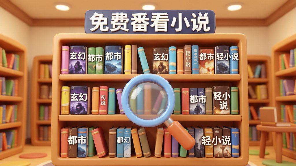 一张展示“免费番看小说”海量资源库的AI生图,主体是一个巨大的虚拟书架,书架上摆满了各种颜色鲜艳的书籍,书籍封面上隐约可见“玄幻”“都市”“轻小说”等分类标签,书架前方悬浮着一个放大镜图标,代表搜索功能,布局采用中心对称构图,风格为3D卡通渲染,细节丰富,画质干净明亮,背景是温馨的图书馆氛围,无多余元素