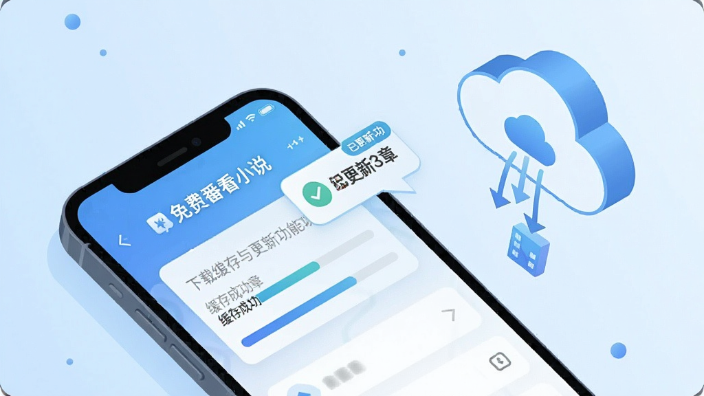 一张展示“免费番看小说”智能缓存与更新功能的AI生图,主体是一部手机屏幕,屏幕上显示下载进度条和更新提示气泡,手机旁边有一个代表云端的图标向下输送数据,布局采用对角线构图,风格为科技感扁平插画,细节上手机界面有“缓存成功”“已更新3章”的文字气泡,画质干净清爽,背景是淡蓝色渐变,无多余元素