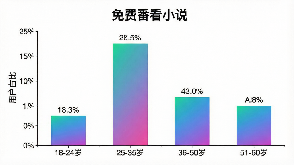一张展示“免费番看小说”用户年龄分布的柱状图,主体是清晰的柱状图图表,横轴标注“18-24岁”“25-35岁”“36-50岁”“51-60岁”,纵轴标注“用户占比”,柱子高度显示25-35岁占比最高,布局居中,风格为现代数据可视化图表,细节上柱子颜色为渐变色,带有百分比数值标签,画质干净整洁,背景为白色,无多余元素