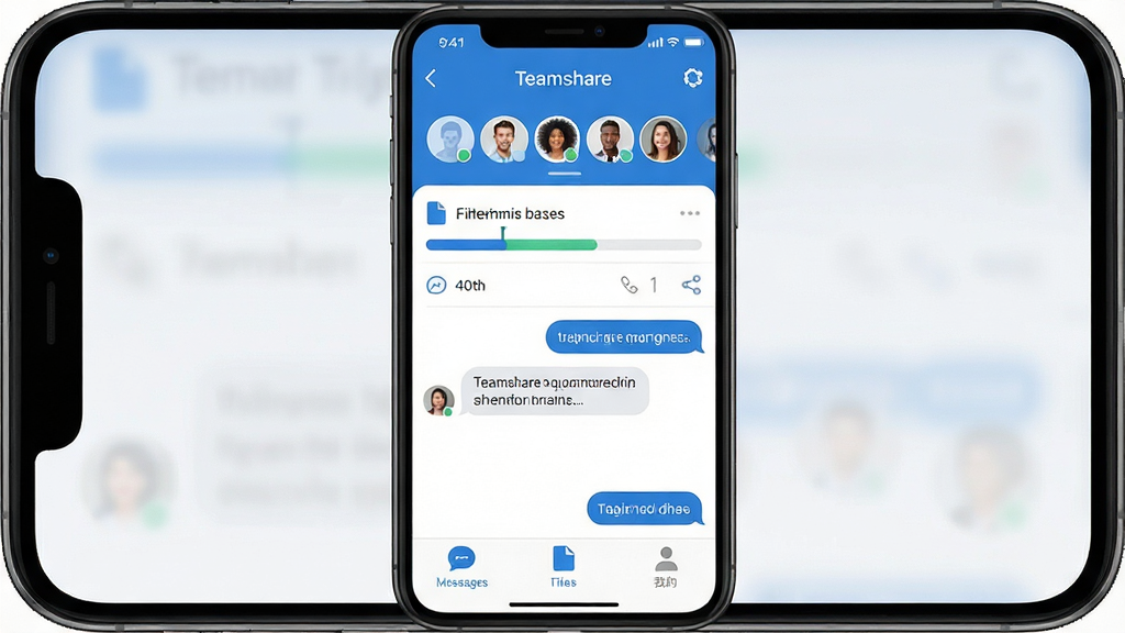 һ��չʾTeamshare��������ȫò���ֻ������ͼ������������TeamshareӦ�������棬������ʾ�Ŷ����ƺͳ�Աͷ�����У��м����ļ����������������Ի��򣬵ײ�����Ϣ���ļ����ҵ�����ѡ����������������ɫ������ɾ����࣬ͼ��Բ���ִ������������޶���Ԫ�أ����������