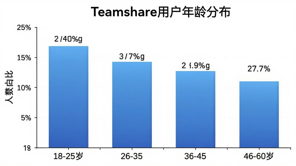һ����״ͼչʾTeamshare�û�����ֲ��������ע�����18-25�ꡢ26-35�ꡢ36-45�ꡢ46-60�꣬�����ע����ռ�ȣ���״ͼ��ɫΪ��ɫ���䣬ͼ���Ϸ���Teamshare�û�����ֲ����⣬����Ϊ��ɫ�����ݱ�ǩ��������������רҵ�����ʸɾ���