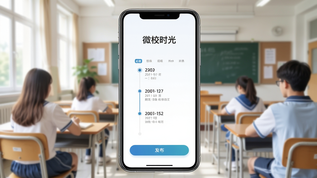 һ��չʾ��΢Уʱ�⡱App���Ľ�����ֻ�����ͼ�������������ֻ���Ļ����Ļ����ʾ��΢Уʱ�⡱������ҳ����ҳ��ҳ�沼�ּ�࣬�����а༶���ƣ��м��Ƕ�̬ʱ���ߣ��ײ��Ƿ�����ť��������������У԰���ҳ�������������ִ���ϸ�����������ʸɾ����޶���Ԫ��