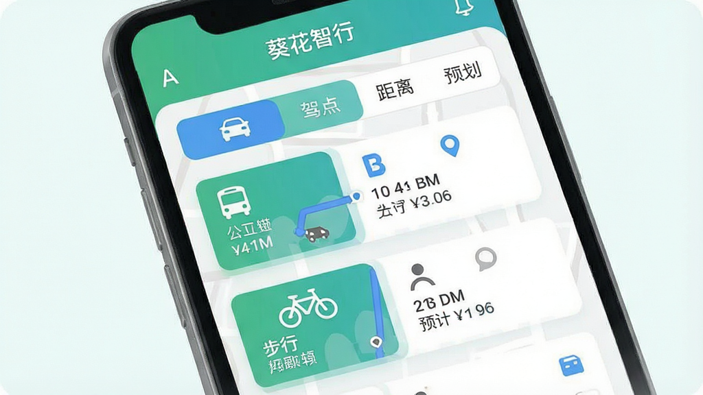 一张“葵花智行”应用内多模式出行规划界面的图片,画面中手机屏幕显示从A点到B点的路线方案列表,包含驾车、公交、骑行、步行四个选项卡,每个方案下方有预计时间和距离,界面风格清爽扁平,文字清晰可读,背景为浅色,画质干净,无多余装饰元素