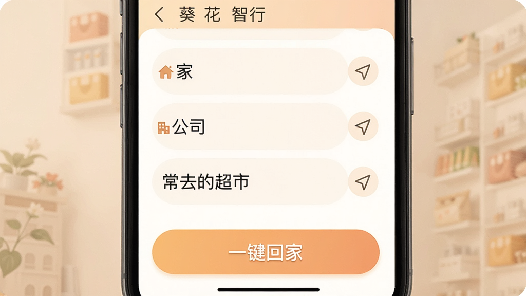一张“葵花智行”常用地点收藏与快捷导航功能的图片,手机屏幕显示收藏地点列表,包含“家”“公司”“常去的超市”等标签,每个地点右侧有导航箭头图标,界面底部有“一键回家”大按钮,整体风格温馨实用,配色柔和,画质清晰,无多余元素