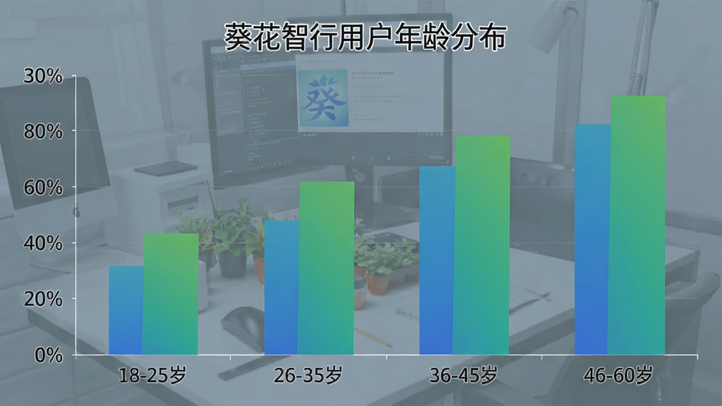 一张展示“葵花智行”用户年龄分布的柱状图,横轴为年龄段18-25岁、26-35岁、36-45岁、46-60岁,纵轴为用户占比百分比,柱状图颜色为蓝色和绿色渐变,图表标题为“葵花智行用户年龄分布”,整体风格简洁专业,画质清晰,无多余元素