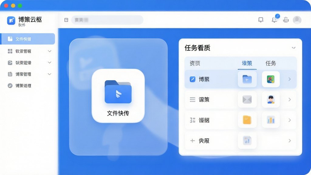 博策云枢 软件主界面 展示 干净清爽的蓝白配色 布局 中间是文件快传图标和任务看板 排版 上下结构 风格 现代扁平化 细节 圆角图标 半透明磨砂背景 画质 高清 干净 无多余元素