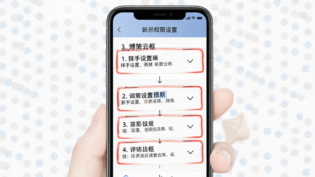 博策云枢 新手设置 操作指引图 布局 手机屏幕显示权限设置页面 排版 上下步骤 风格 简洁教程风 细节 重点项用红框标出 画质 高清 干净 无多余元素