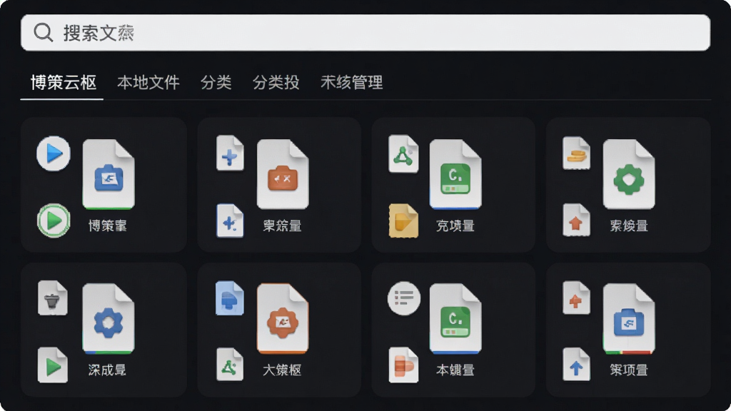 博策云枢 本地文件管理 界面截图 布局 顶部搜索框 下方分类标签 排版 网格列表 风格 简约 细节 文件类型图标清晰 画质 高清 干净 无多余元素